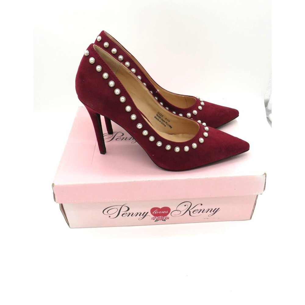 Penny Loves Kenny Burgundy Pearl-Studded Pointed Toe Heels Size 9.5 NEW